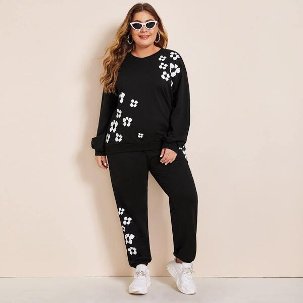 Plus Floral Print Sweatshirt & Sweatpants Set, Black