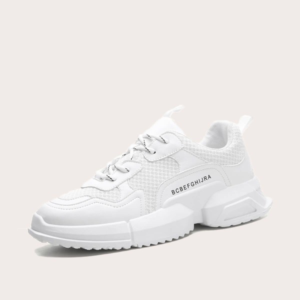 Men Letter Print Lace-up Front Chunky Sneakers, White 
Men Letter Print Lace-up Front Chunky Sneakers, White