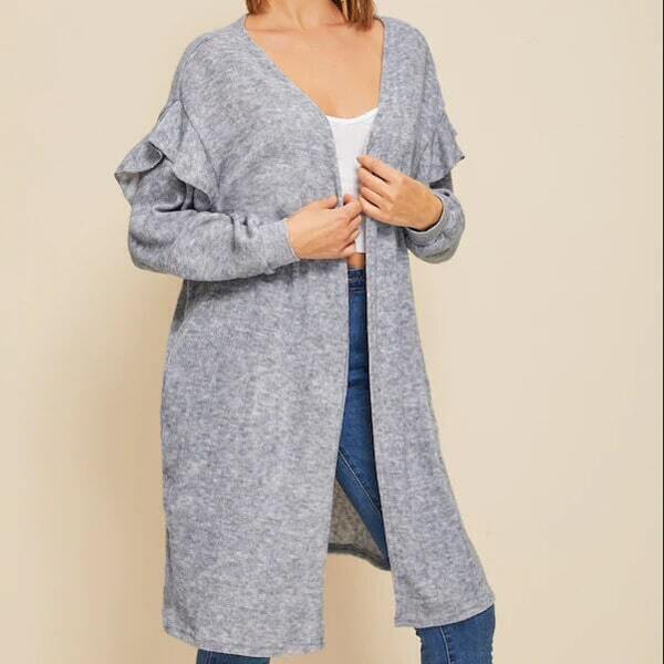 Ruffle Trim Space Dye Longline Cardigan 
Ruffle Trim Space Dye Longline Cardigan