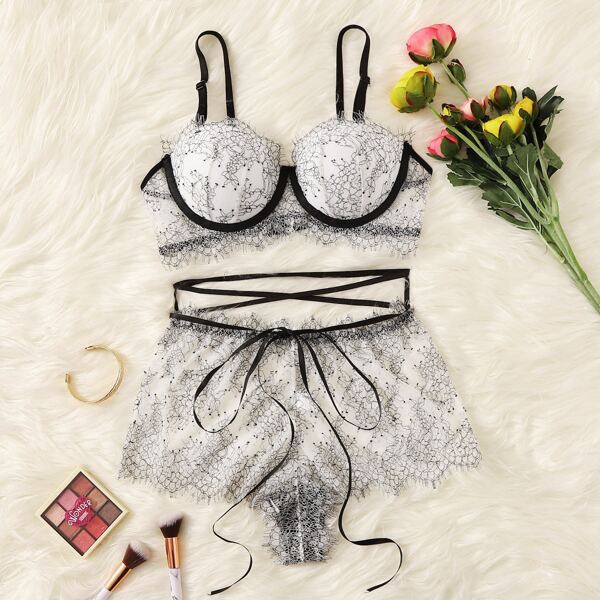 Eyelash Lace Underwire Lingerie Set, White 
Eyelash Lace Underwire Lingerie Set, White