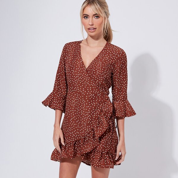 Spot Print Wrap Dress, Brown 
Spot Print Wrap Dress, Brown