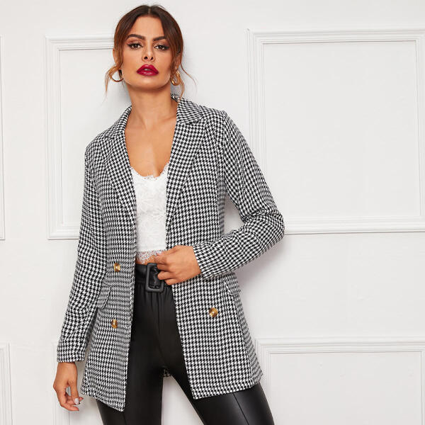 Lapel Neck Double Breasted Houndstooth Blazer, Black and white