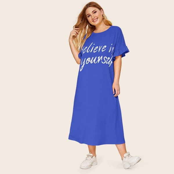 Plus Ruffle Cuff Slogan Graphic Nightdress, Blue 
Plus Ruffle Cuff Slogan Graphic Nightdress, Blue