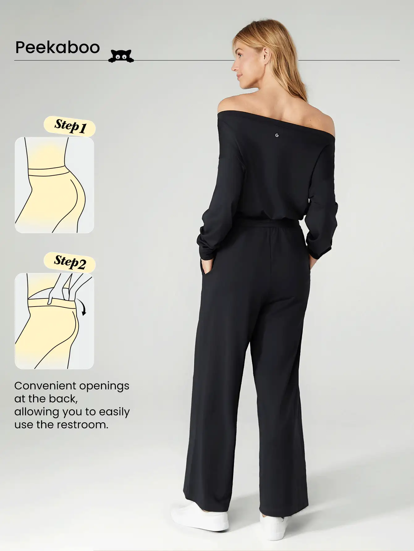 GLOWMODE Mono de pierna ancha de uso diario y casual con hombros descubiertos, cintura ajustable con cordón y efecto peek-a-boo, de tela tipo nube