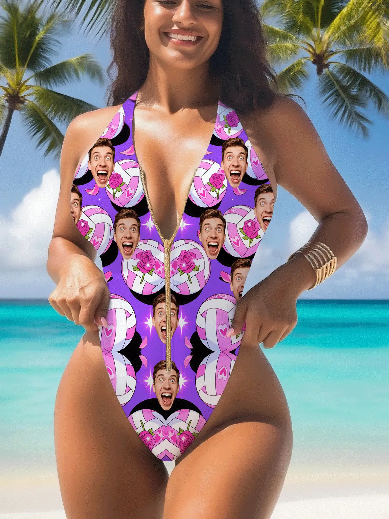 1 pieza Traje de baño personalizado para mujer, con diseño facial personalizado, traje de baño con cremallera y espalda descubierta, traje de baño de cintura alta sin mangas, sexy y muy juvenil, adecuado para piscina, playa y vacaciones, traje de baño para niñas