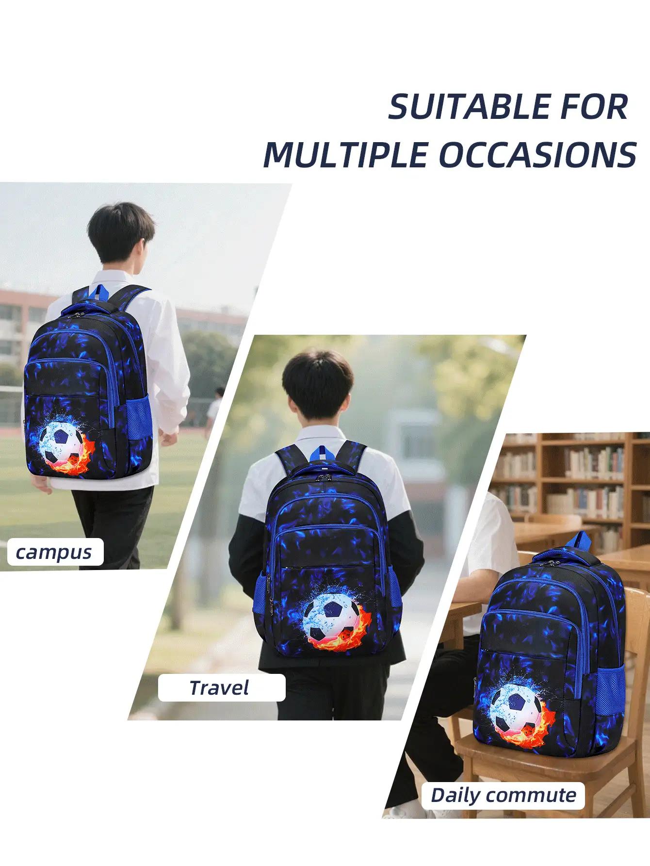 Set de 3 piezas que incluye mochila escolar con estampado de fútbol, lonchera y estuche para lápices para niños. Mochila de gran capacidad y ligera, ideal para viajes y uso diario. Con bolsillos laterales para botellas de agua y portaápices. Regalo ideal para volver a la escuela.