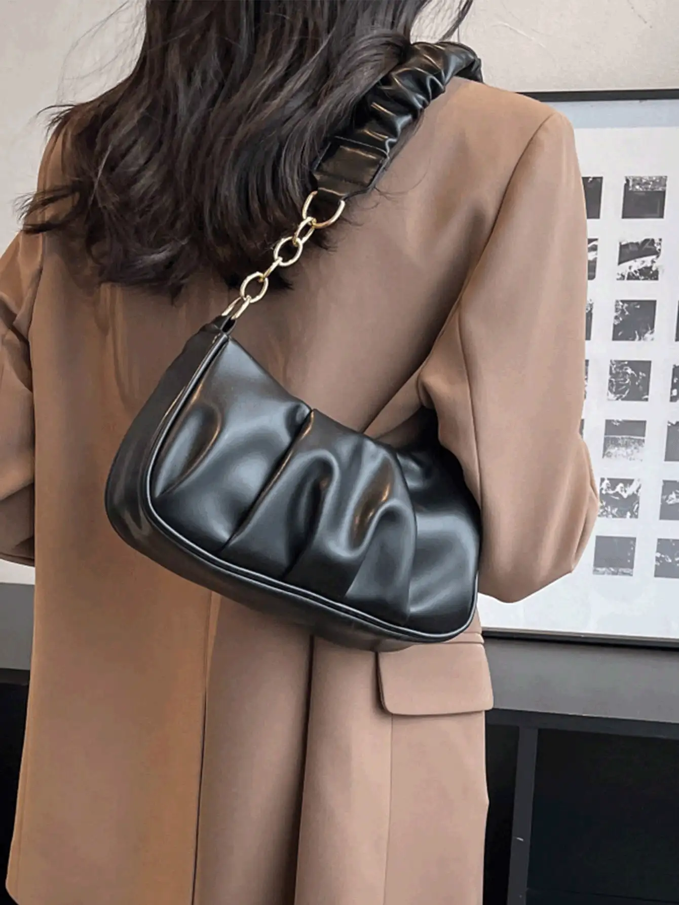 Minimalist Hobo Bag Ruched Detail Black Handbag Fashion Shoulder Bag Armpit Bag Chain Messenger Bag Women's Bag, Japanese Bag, Street & Japanese Bag For Women