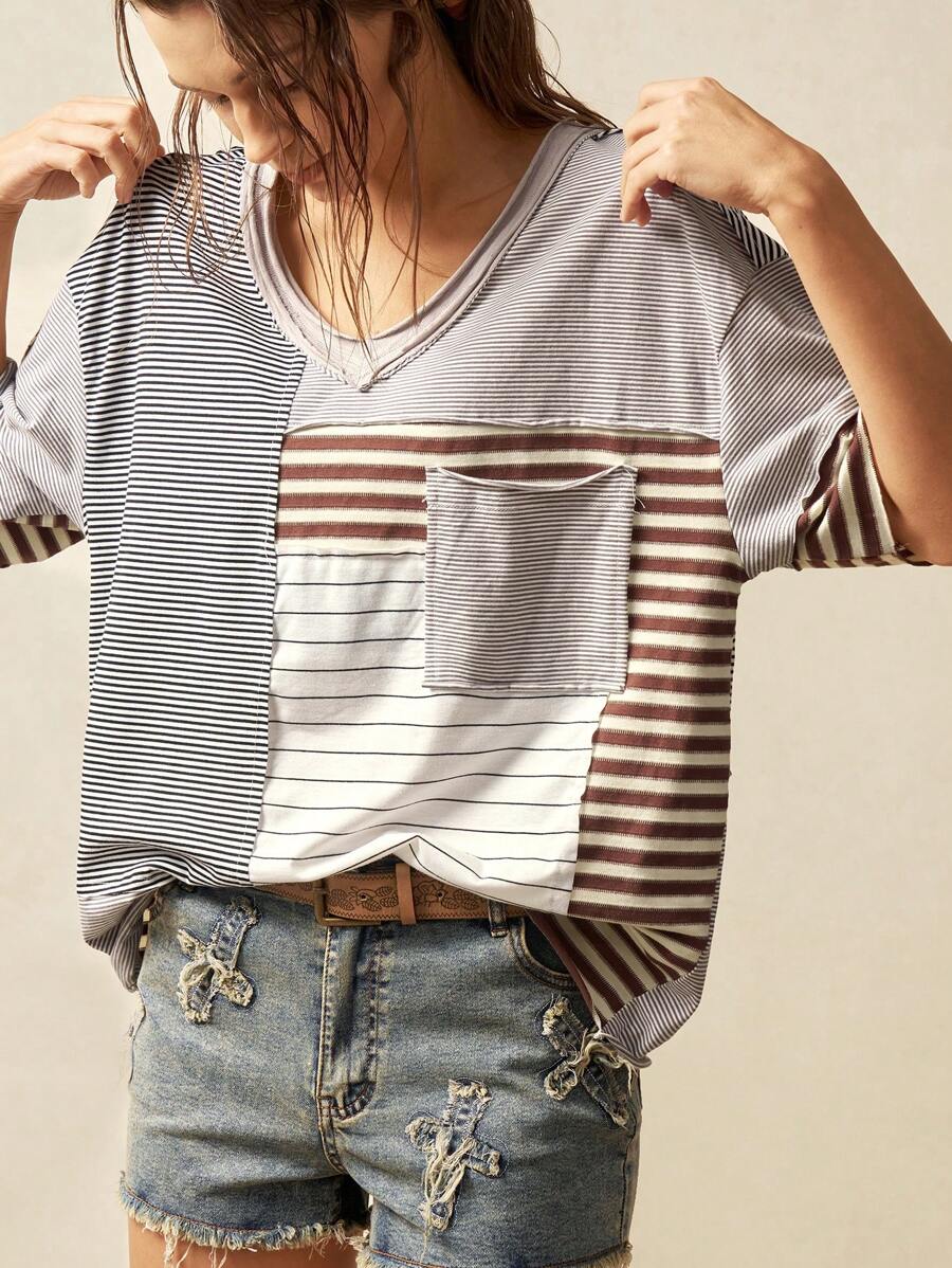 Bohemela Knit Striped Patchwork Loose Fitting Women Short Sleeve T-Shirt
