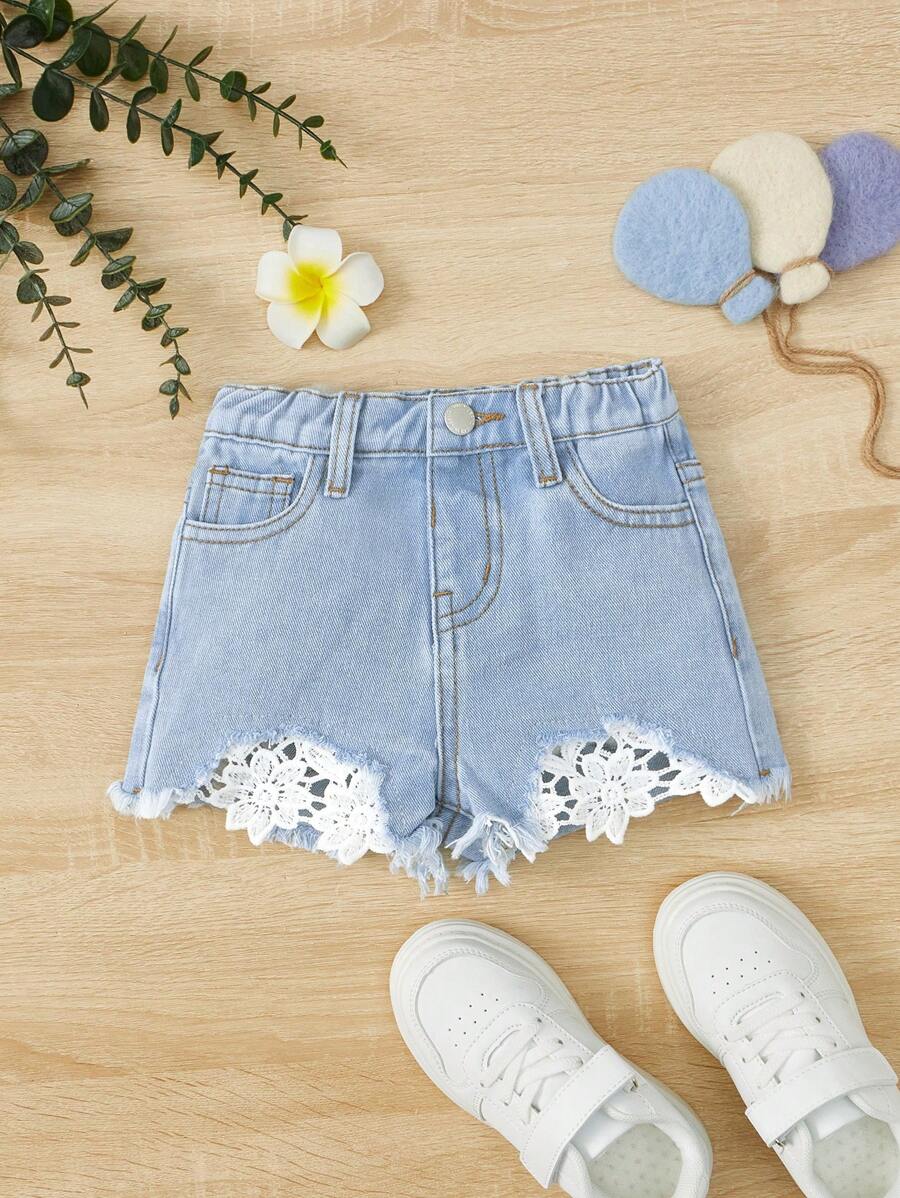 SHEIN Shorts jeans casual com bolso contrastante e franjas na bainha para meninas