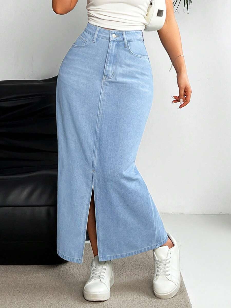 SHEIN Essnce Falda vaquera casual larga con bolsillos y dobladillo con abertura para mujeres