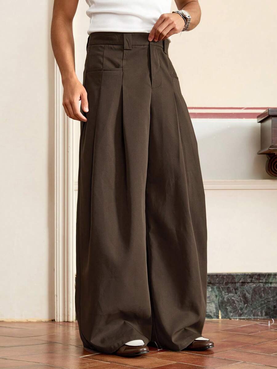 SWAVVY Men's Woven Fashion Casual Loose Wide-Legged Solid Color Baggy Pants For Everyday, School