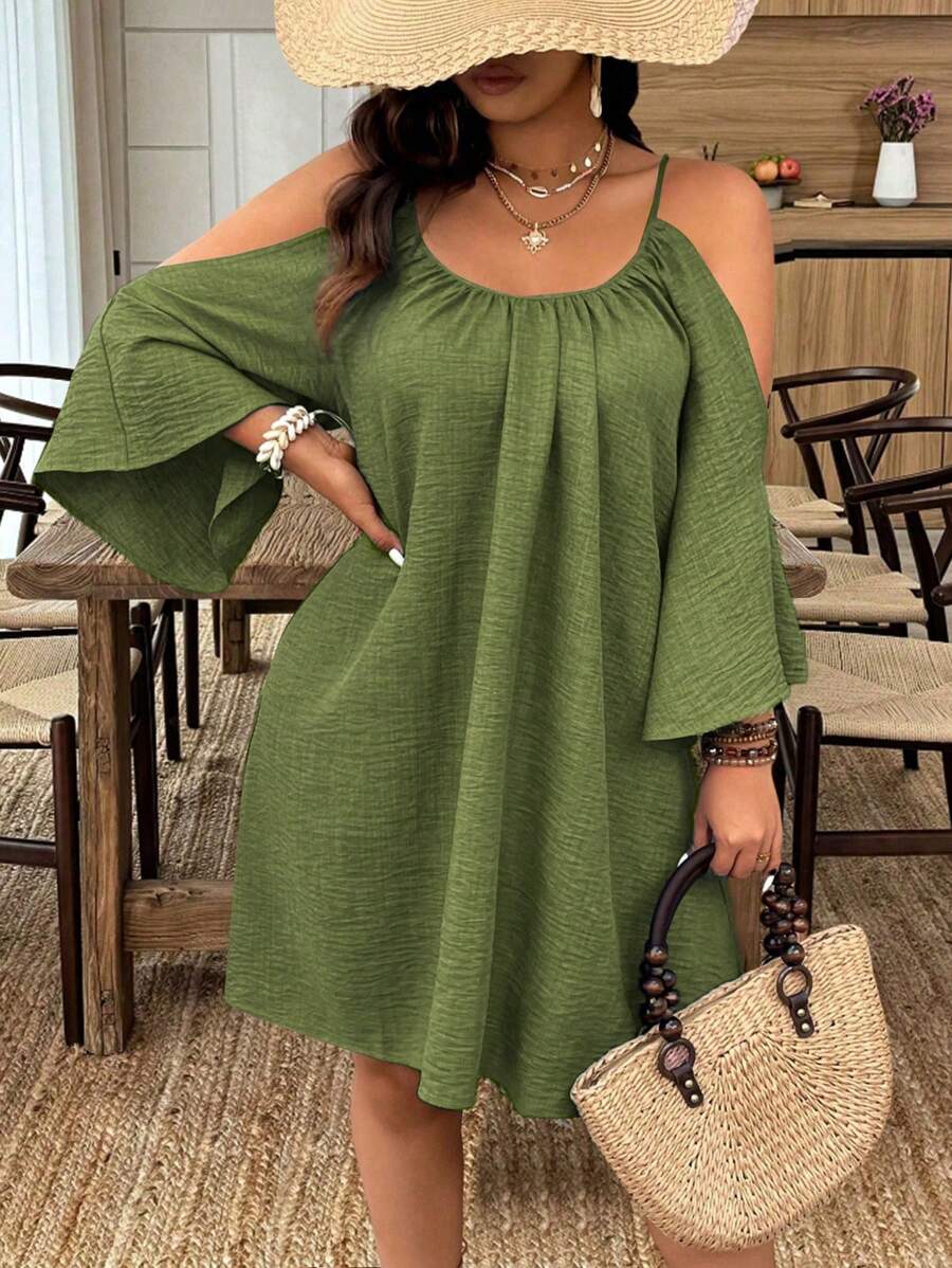 SHEIN Holidaya Plus Size V-Neck Cinched Waist Pleated Slit Flared 3/4 Sleeve Casual A-Line Midi Dress Women Women Dresses Birthday Women Plus Sun Dress Women Short Dresses Summer Women Casual Dress Women Plus Clothing Business Casual Women S White Dress Work Summer Dresses Women Dresses Elegant Gown