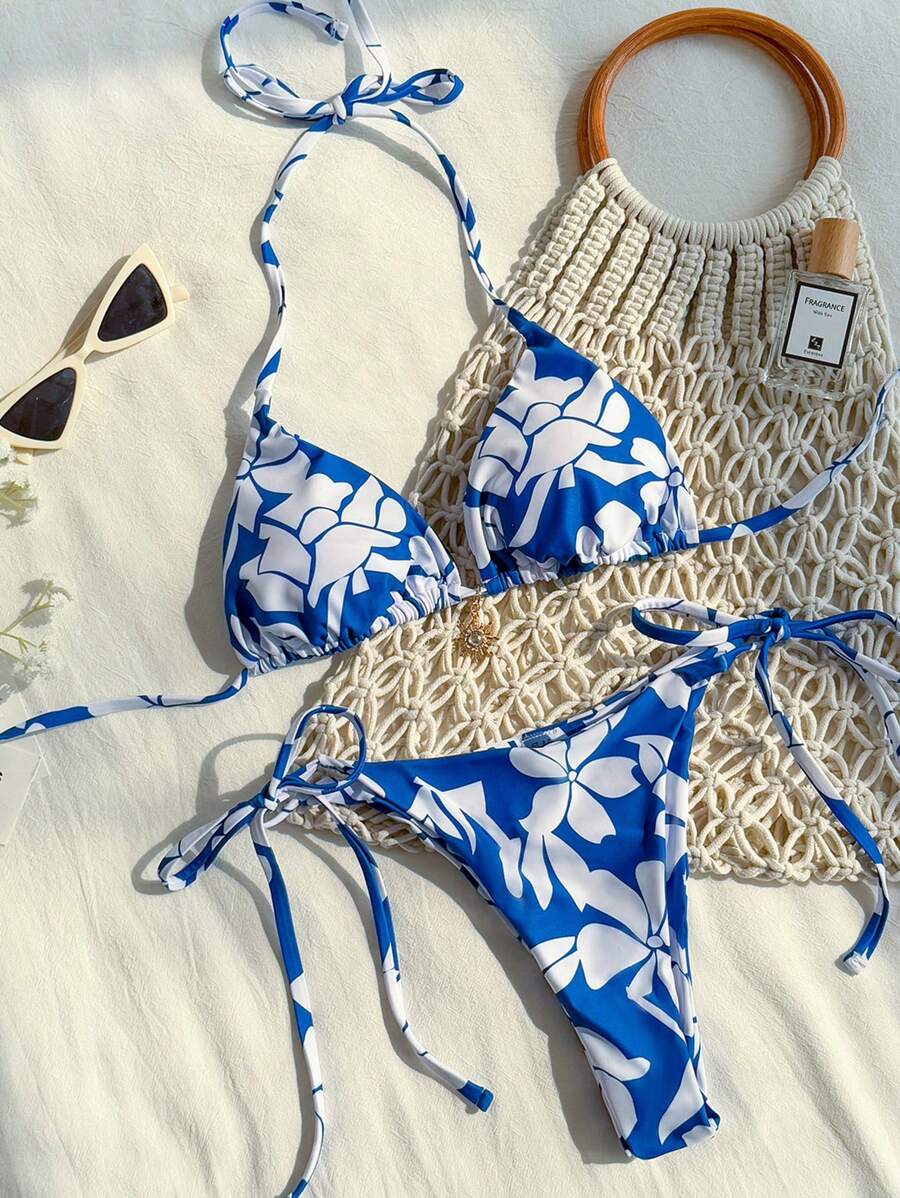 SHEIN VCAY Women's Holiday Style Floral Print Halter Bikini Top And Low-Waist Side Tie Bottoms Swimwear Set, Floral Print Halter Neck Bikini Set, Floraled Halter Strap Two-Piece Bikini Set,Backless,Beachwear High Waisted,Beach Outfits For Woman,Sexy,Summer Outfits For Women, For Beach Vacation For Summer Beach Vacation,Kawaii,Thong Bikini,High Waisted Bathing Suit,Push Up Bikini,Tie Front Top,Boho,Vacation,LINEN,Crochet