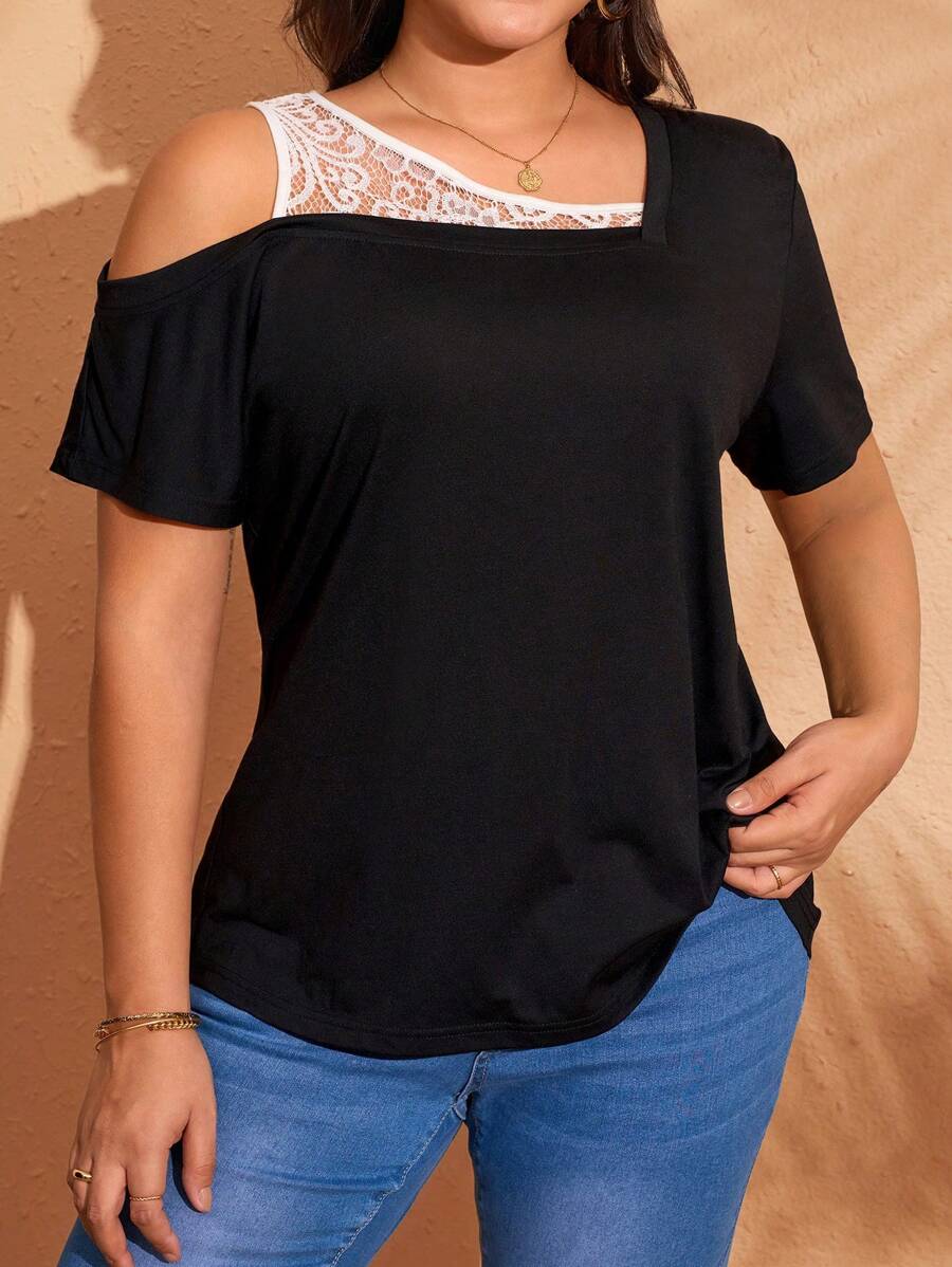 EMERY ROSE Maglietta casual da donna con scollo asimmetrico in pizzo a contrasto e maniche corte, adatta per outfit casual da paese, vacanza o uso quotidiano, semplice e alla moda, top estivo da donna, outfit da vacanza, outfit estivi da donna adatti anche per l'ufficio, outfit bohémien da festival o vacanza