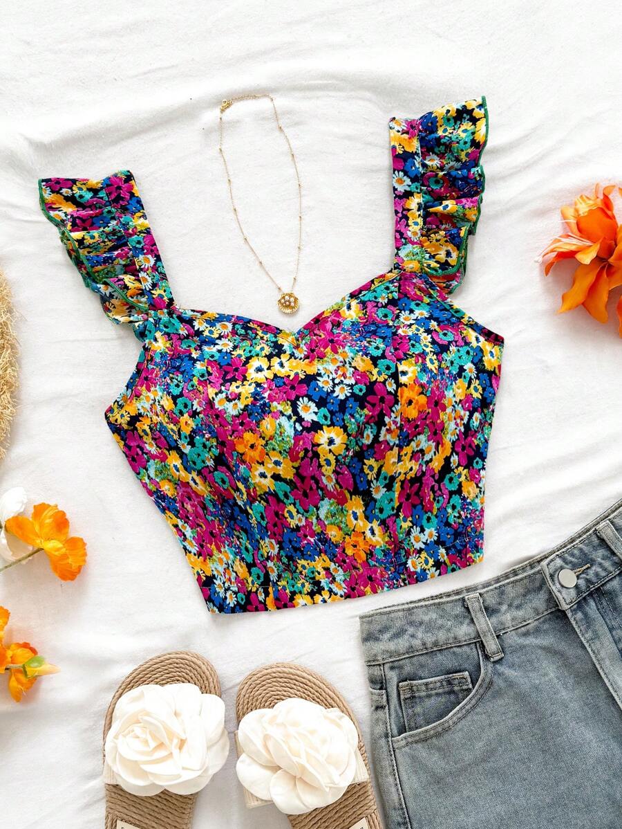 Soleia Top corto con estampado floral, tiras, espalda descubierta y ribete de volantes para mujer, perfecto para vacaciones y primavera