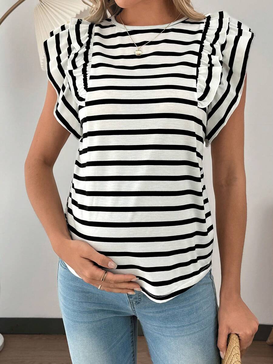 SHEIN Camiseta holgada y casual de manga corta y cuello redondo a rayas para embarazadas