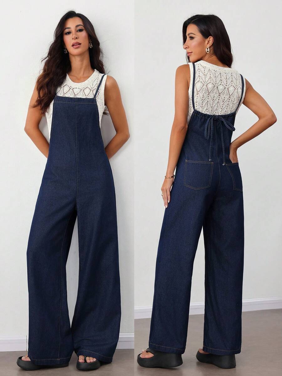 SHEIN Tall Women's Casual Loose Sleeveless Blue Denim Bib Pants And Jumpsuit Straight-Leg Suspender Jumpsuit For Women Jumpsuits For Woman Elegant