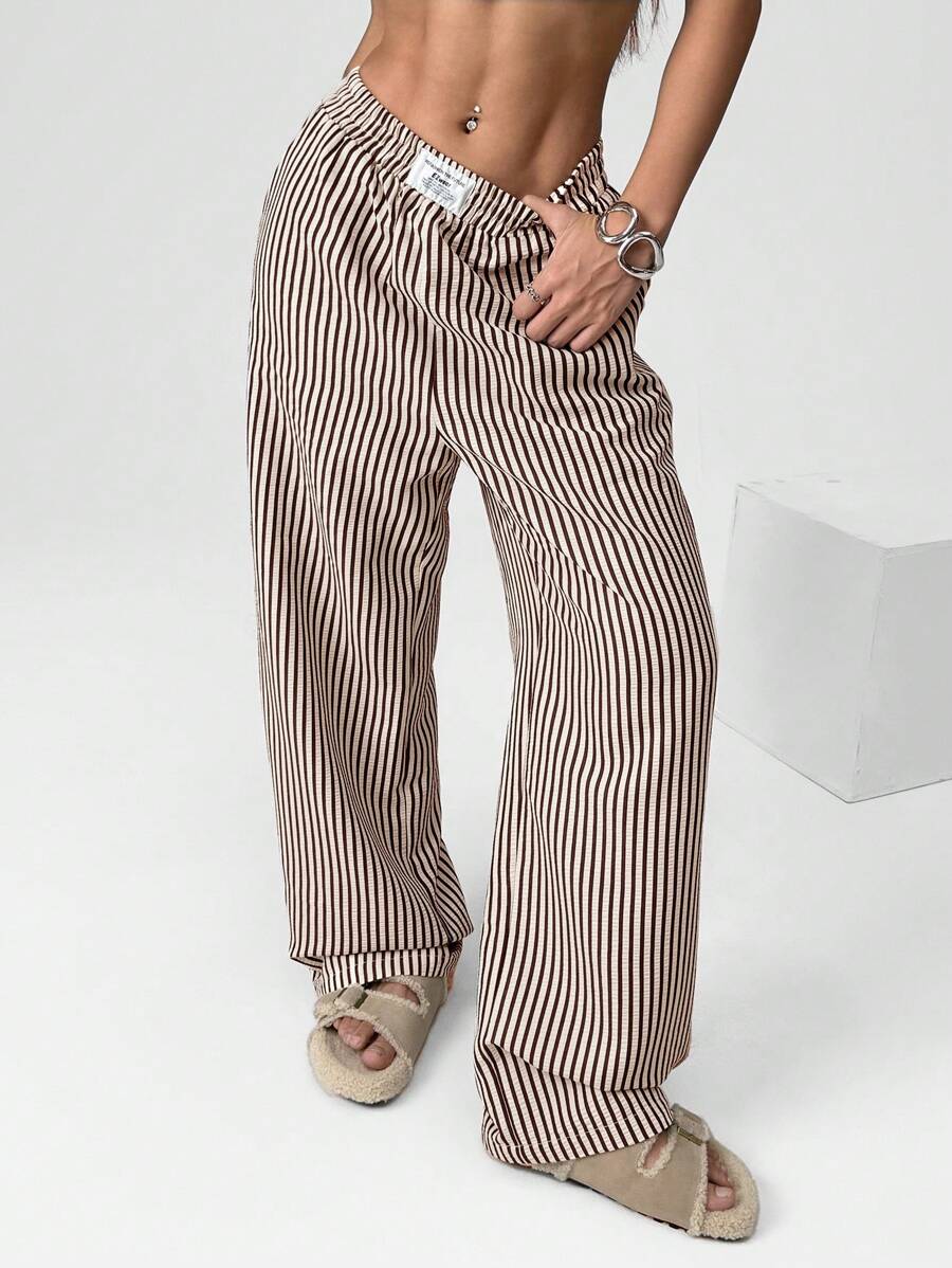 SHEIN EZwear Brown Striped Woven Casual Wide Leg Pants For Women