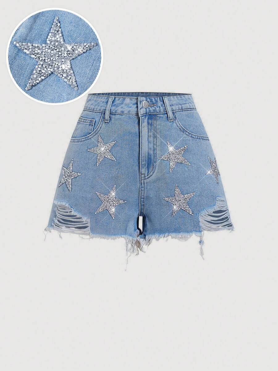SHEIN MOD Short en jean mode avec déchirures, motif étoiles, poches et ourlet effiloché pour femmes