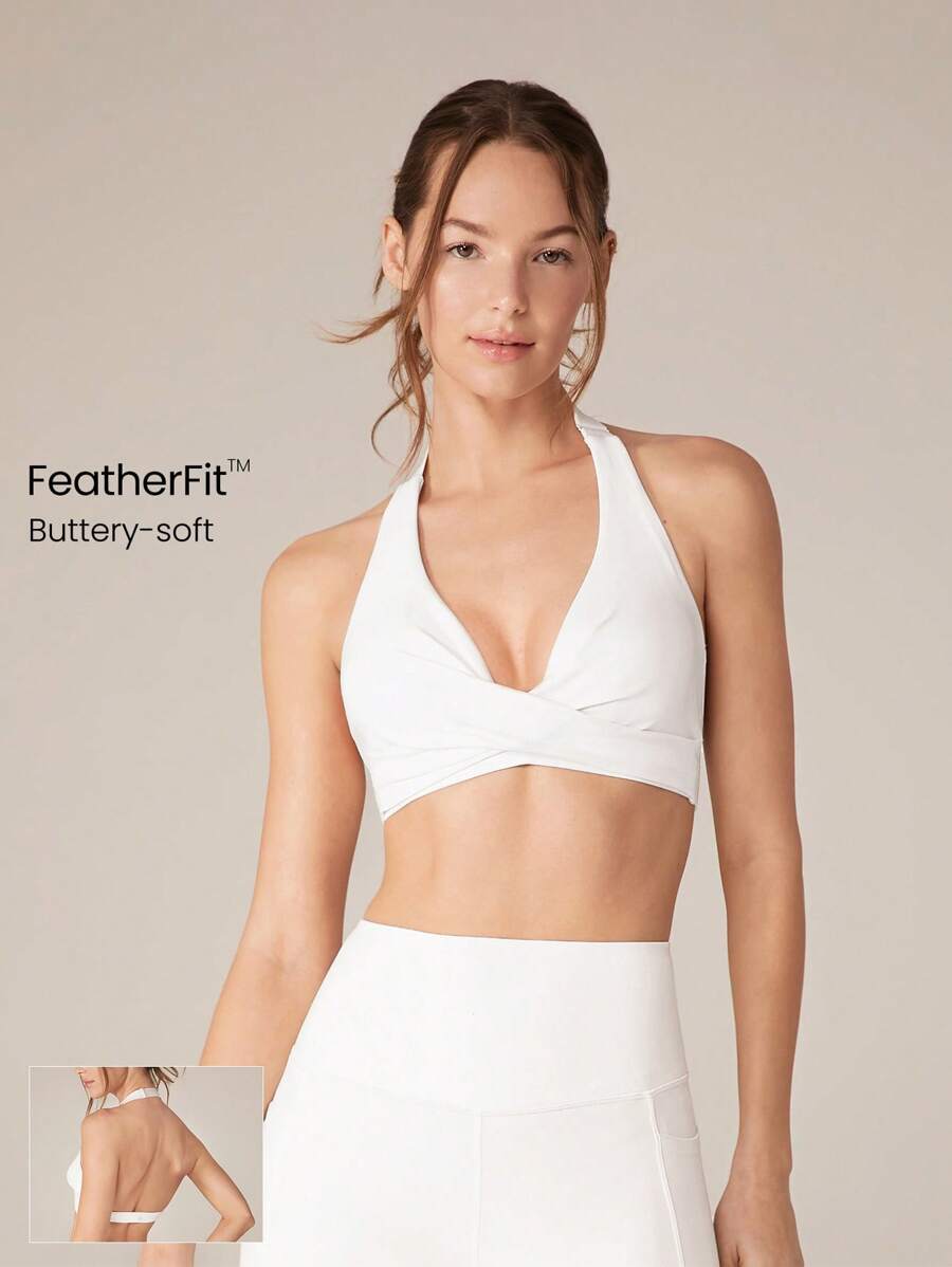 GLOWMODE FeatherFit™ Deep V Neck Adjustable Halter Cropped Sports Bra With Crossover Bust Low Impact Yoga Daily