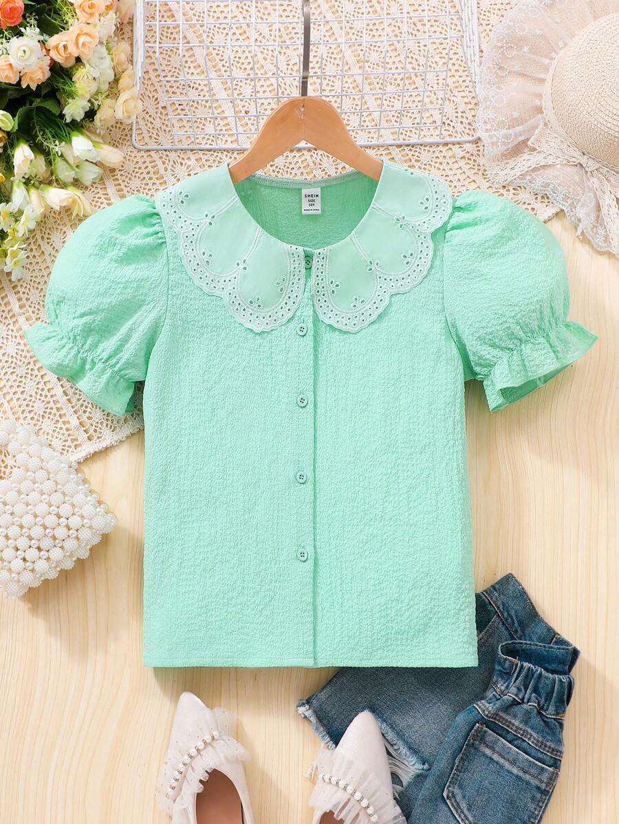 SHEIN Einfarbiges, kurzärmliges Hemd mit Peter-Pan-Kragen für Tween-Mädchen, modisch, geeignet für den Sommer