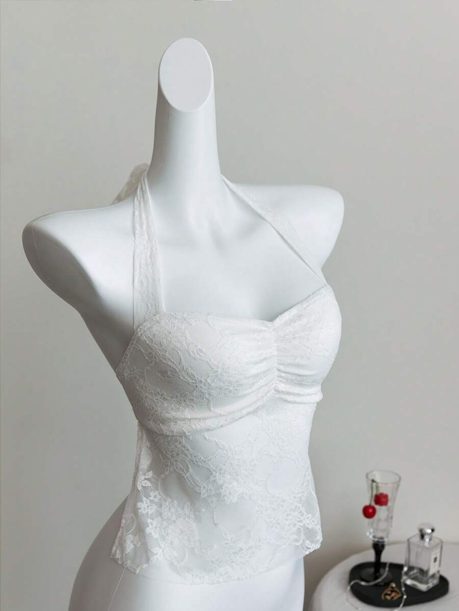 Elamini White Lace Floral Sheer Add-Lined Pleated Backless Halter Tie-Up Camisole, Sexy, Casual, Elegant, Sweet, Minimalist, Holiday Style For Women, Summer