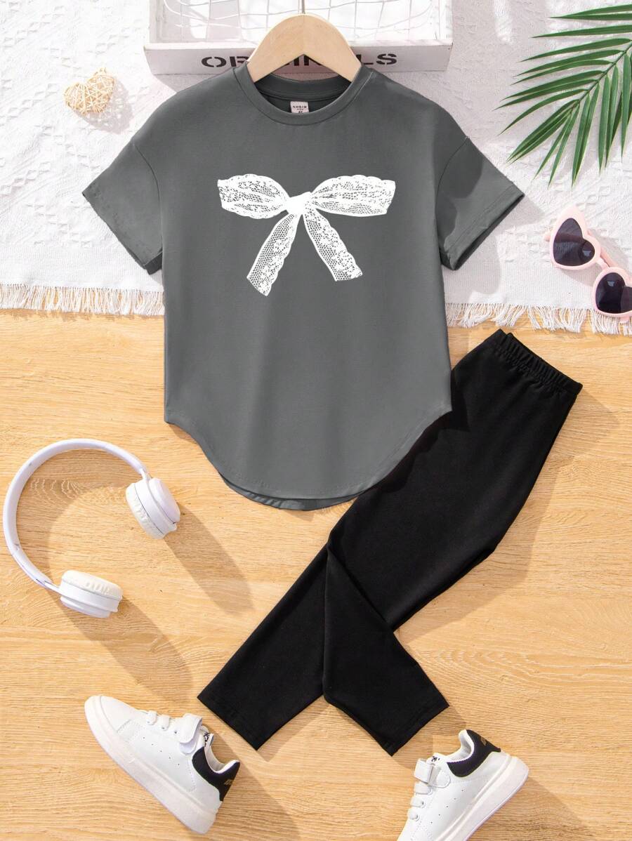 2pcs Casual Minimalist Short Sleeve Top And Pants Set, Suitable For Spring And Autumn