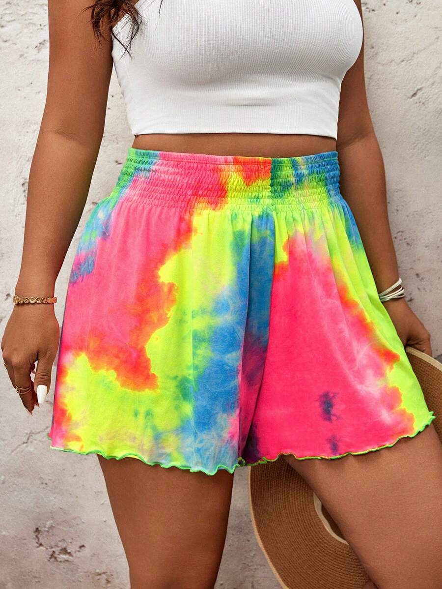 SHEIN VCAY Plus Size Minimalist Fashion Shorts, Suitable For Summer Tie-Dye Summer Outfits For Women Vacation Outfits Women Country Concert Outfit Rave Outfits Festival Concert Outfits For Women Graduation Outfit European Summer Nashville Outfits Beach Vacation Tropical Vacation