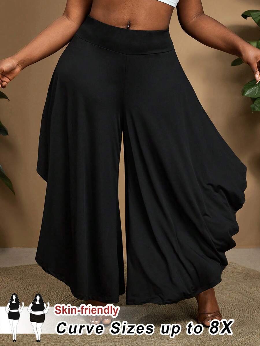 SHEIN CURVE+ Pantaloni larghi asimmetrici di colore tinta unita in taglie comode, Curve Plus, adatto per le vacanze