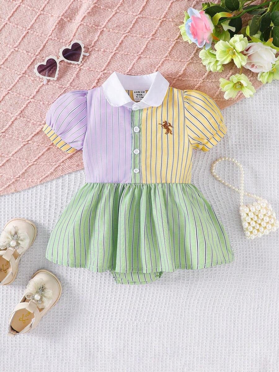 Vestido camisero para bebé niña con bloques de color y cuello polo, ideal para primavera y verano