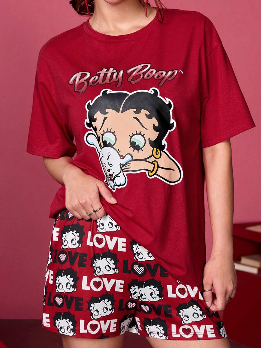 Betty Boop x SHEIN Conjunto de pijama de verano con top de manga corta de cuello redondo y pantalón corto con gráfico de dibujos animados para mujer