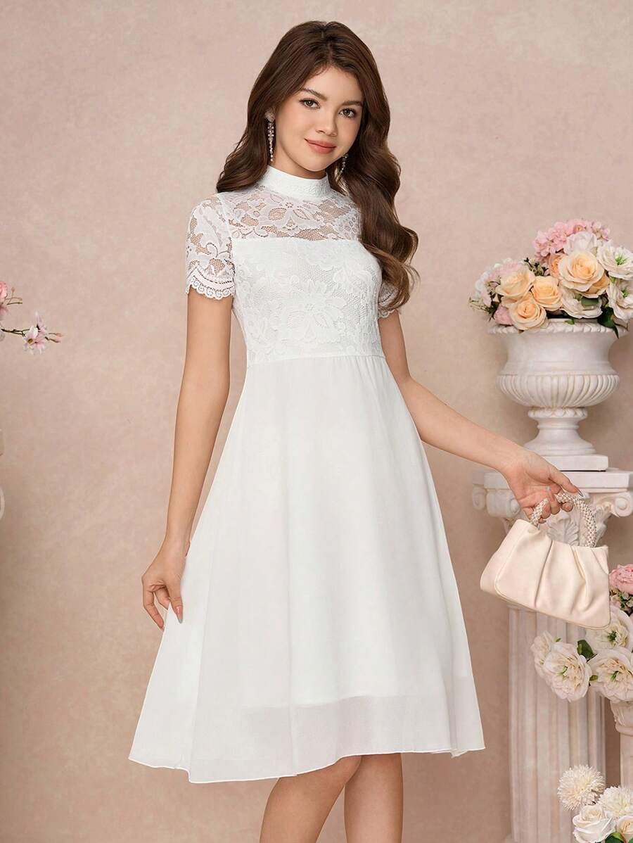 SHEIN Pitira Vestido de encaje blanco semitransparente y parches de gasa hasta la mitad de la pierna para niñas adolescentes, apropiado para ocasiones como fiestas, elegante, bodas, regreso a clases, graduación