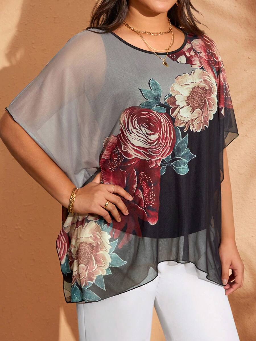 EMERY ROSE Maglietta casual larga con maniche a pipistrello e stampa floreale, taglie forti per donna