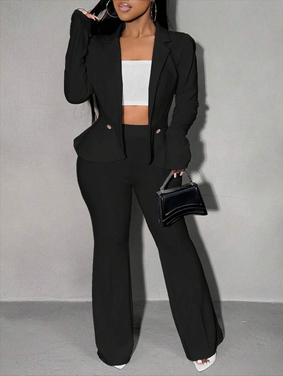 SHEIN SXY Traje de blazer de manga larga con cuello de solapa y pantalones campana de unicolor para mujer de talla grande