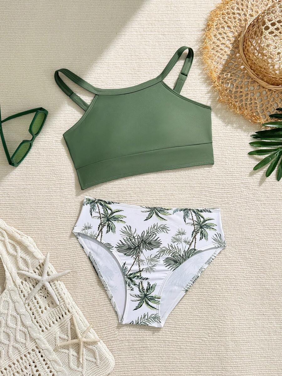 SHEIN Tween Girls Fashion Casual Solid Color Crop Top And Floral Print Bikini Tankini Set