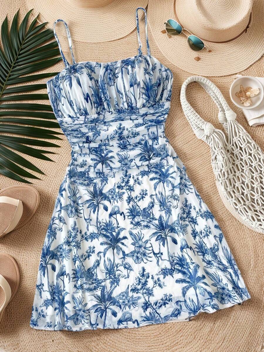 SHEIN Vintage Stijl Blauw & Wit Bloemenprint Gerimpelde Buste A-lijn Mini Jurk Voor Tienermeisjes, Geschikt Voor Zomer, Afstuderen, Terug Naar School, Vakantie, Festivals, Lunches, Uitjes