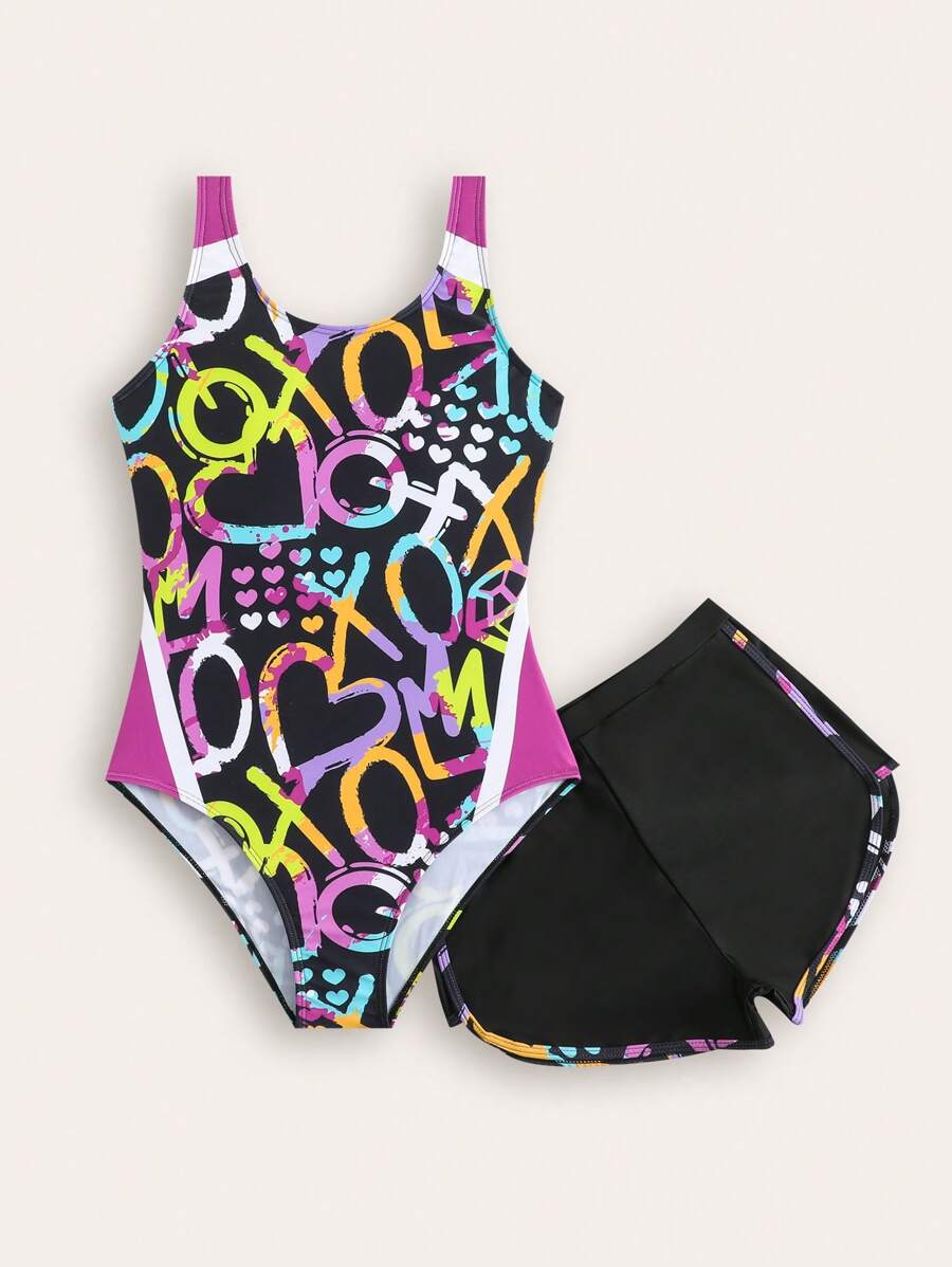 SHEIN Nuevo conjunto de traje de baño de una sola pieza con estampado de letras para niñas adolescentes