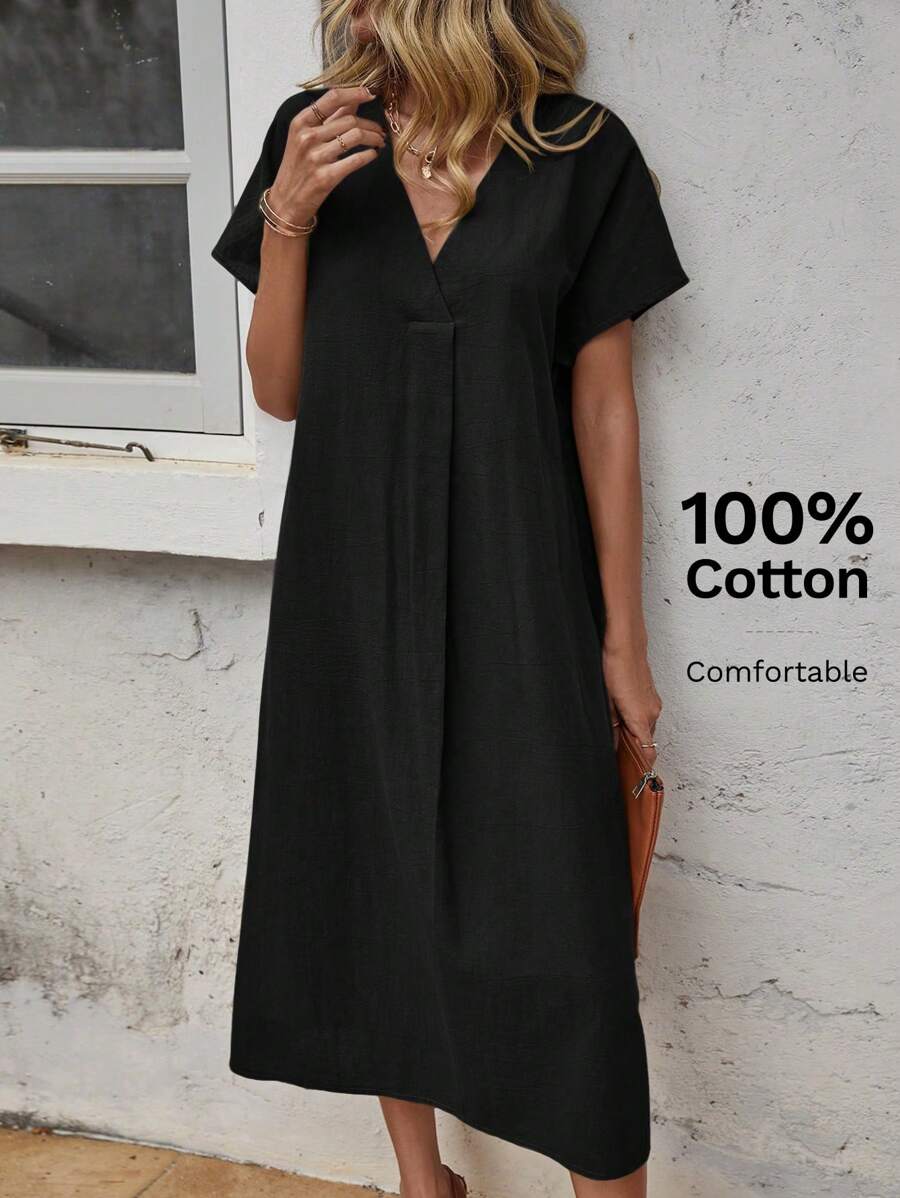 SHEIN LUNE Women V-Neck Solid Color Straight Casual Short Sleeve Dress