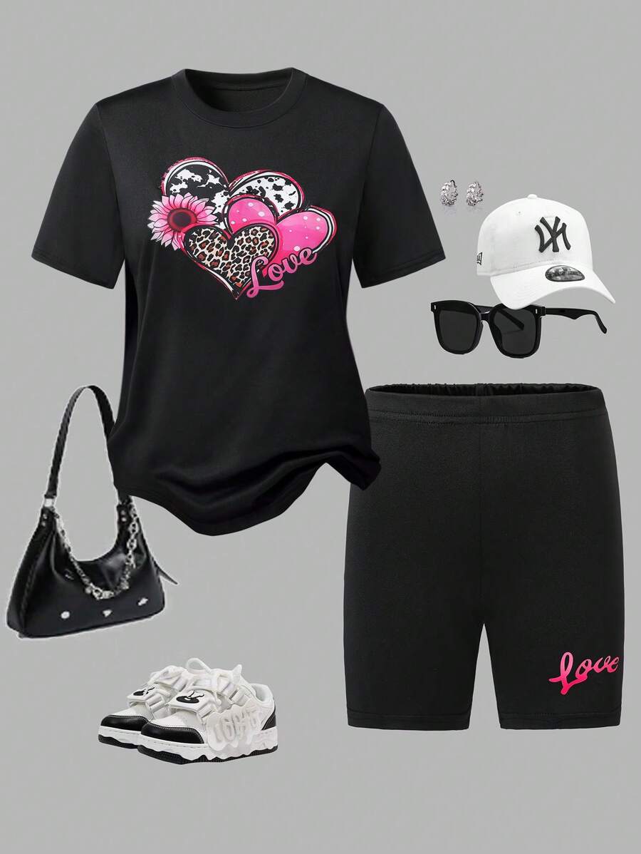 SHEIN Conjunto de camiseta suelta de color rosa rojo con corazón + leggings versátil y casual para fiesta del Día de San Valentín para niña preadolescente