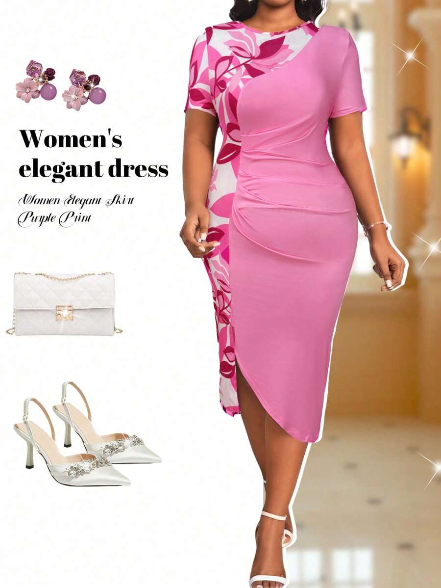 Fleurora Plus Size Purple Printed Contrast Color Stitching Ruched Asymmetrical Hem Round Neck Short Sleeve Slim Fit Bodycon Dress Four Seasons