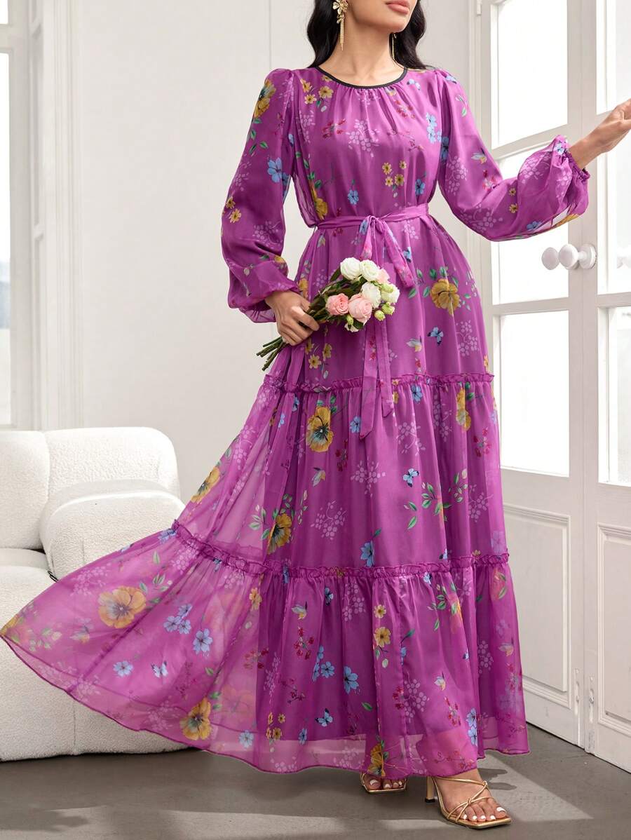 Modelyn Women's Extra Long Floral Print Chiffon Cinched Waist Waist Dress, Elegant For Spring & Summer