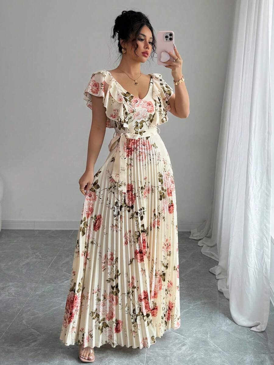 Elenzga V-Ausschnitt Digitaldruck Blumen Urlaubs Volant Taille A-Linie elegantes romantisches Damenkleid