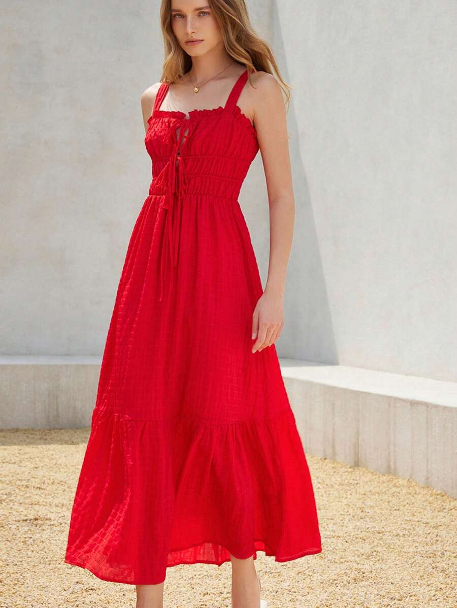Aveloria Rosie Elegante abito lungo a-line da donna in stile francese, con scollo a bretelle, vita arricciata e balza con volant