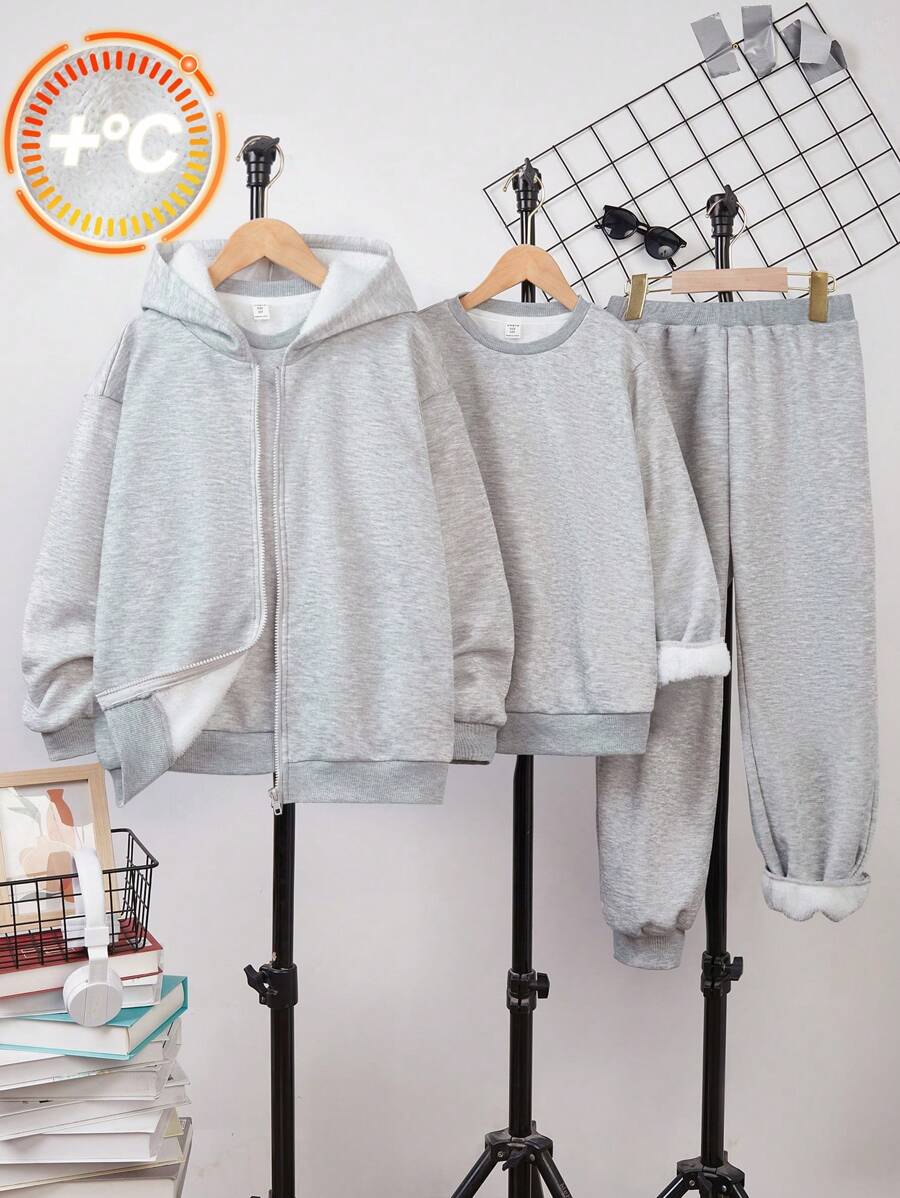 Conjunto de 3 piezas de ropa casual para niños preadolescentes: sudadera cuello redondo de unicolor, chaqueta con capucha de cremallera y pantalones de chándal de punto cálido