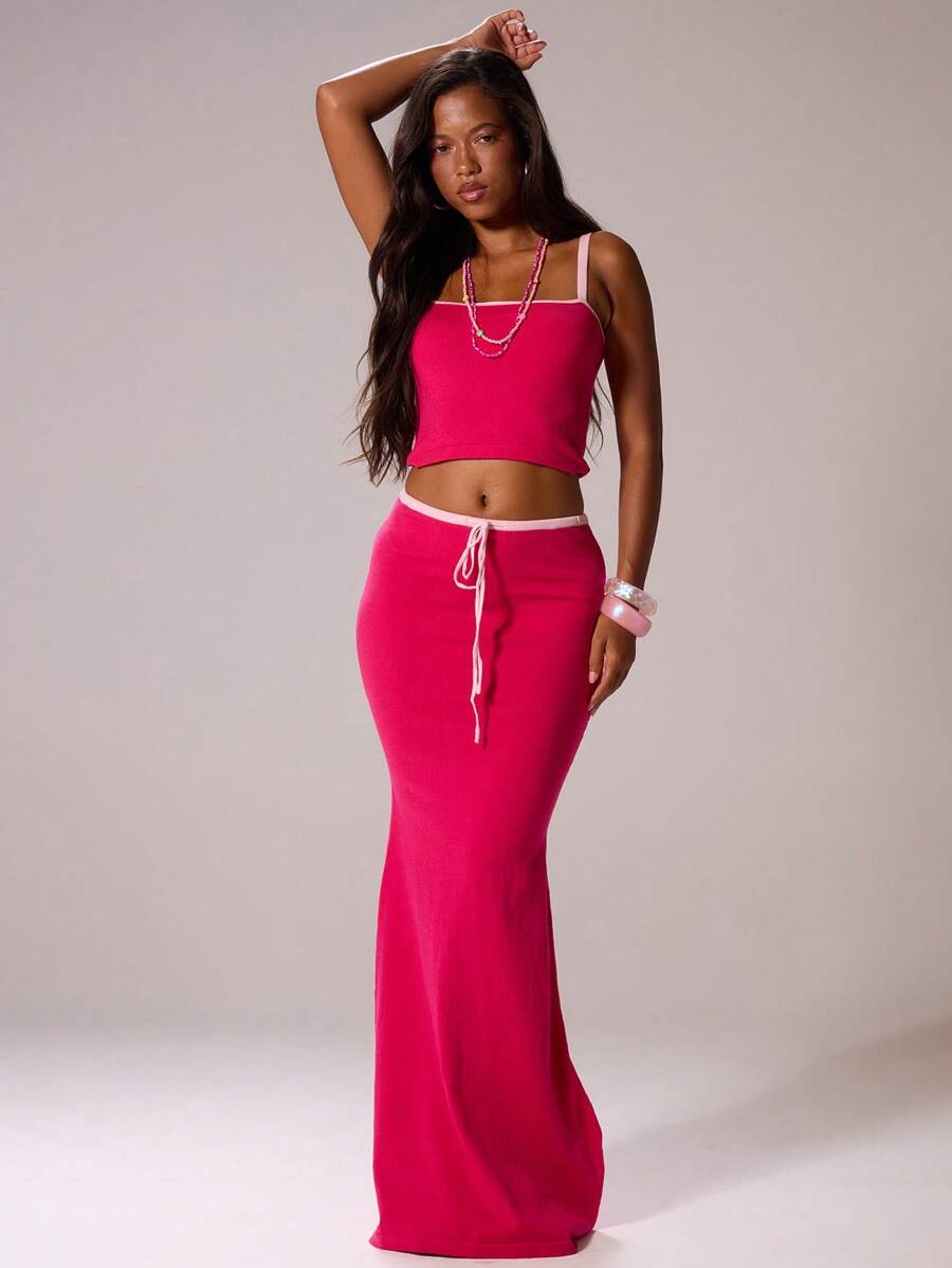 MUSERA Falda larga con bajo de cola de pez, cintura baja y cordón de contraste, estilo sexy para vacaciones, primavera, verano, festivales y playa, ideal para salidas a la playa y clubes