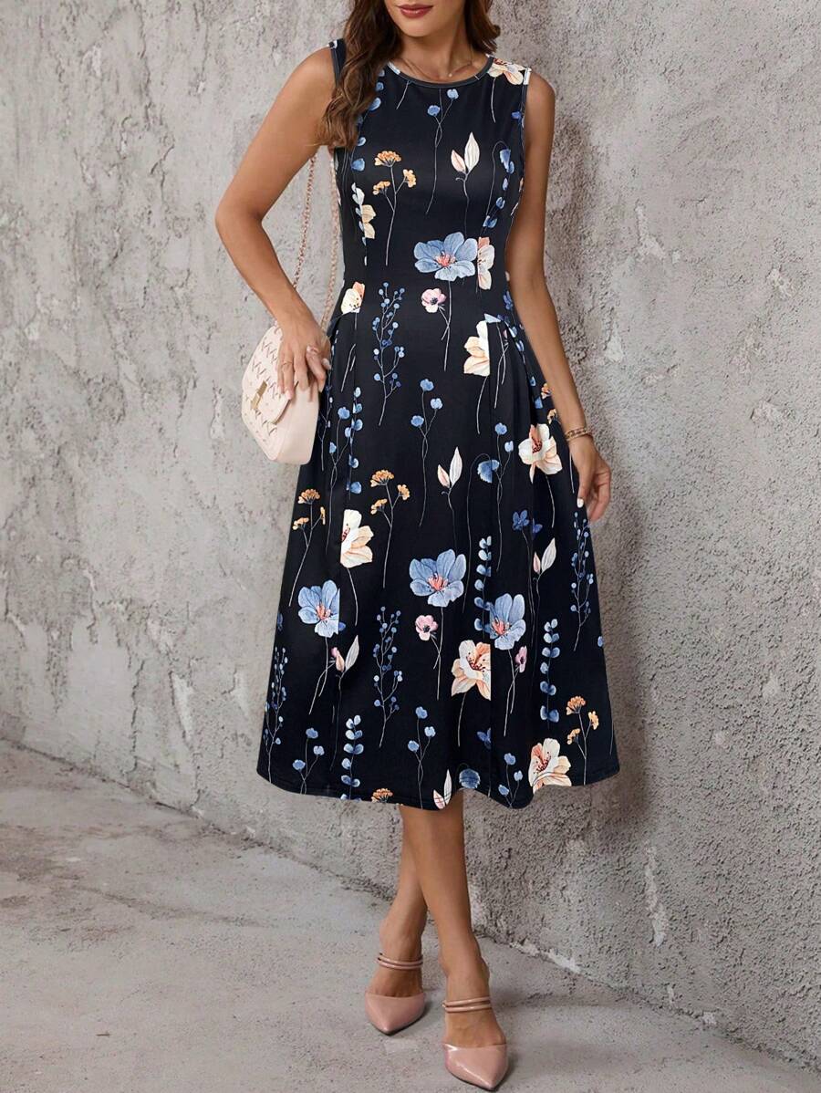 SHEIN Clasi Women's Elegant Black Floral Print Midi Dress With Round Neck And Short Sleeves