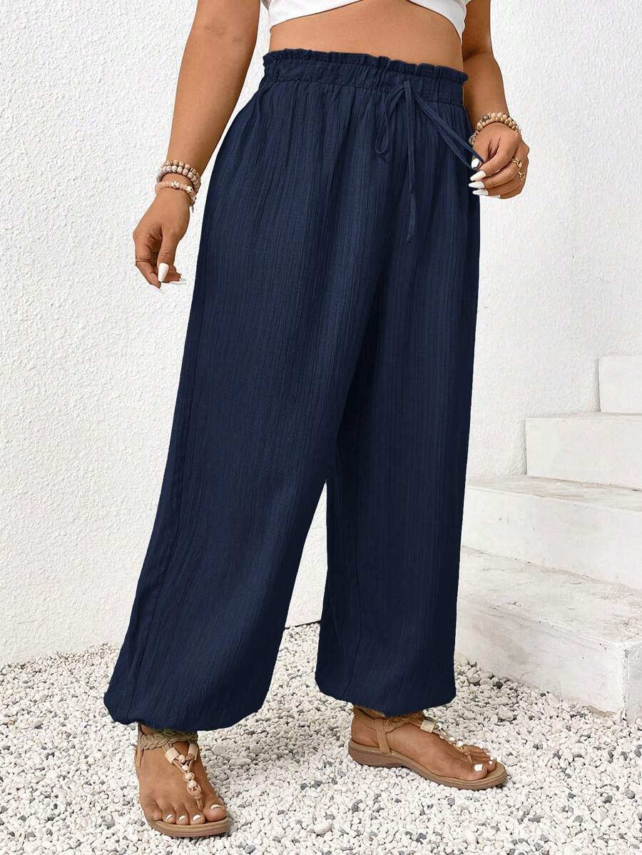 SHEIN Frenchy Plus Size Solid Color Paper Bag Waist Tied Loose Wide Leg Pants