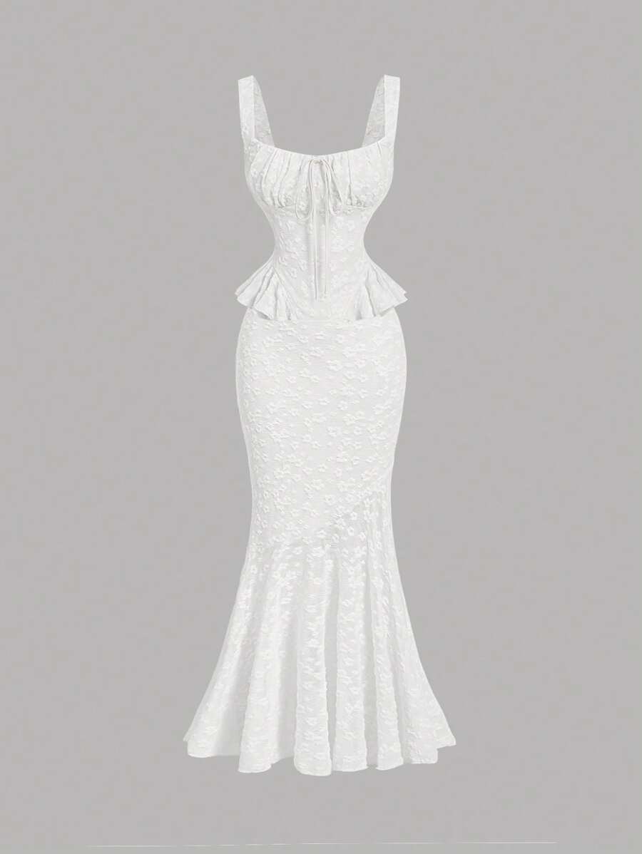 SHEIN MOD Conjunto de top de tirantes blanco y falda larga de sirena de encaje para mujer, conjunto de vestimenta elegante para primavera, estilo "old money", vestidos modestos para mujer