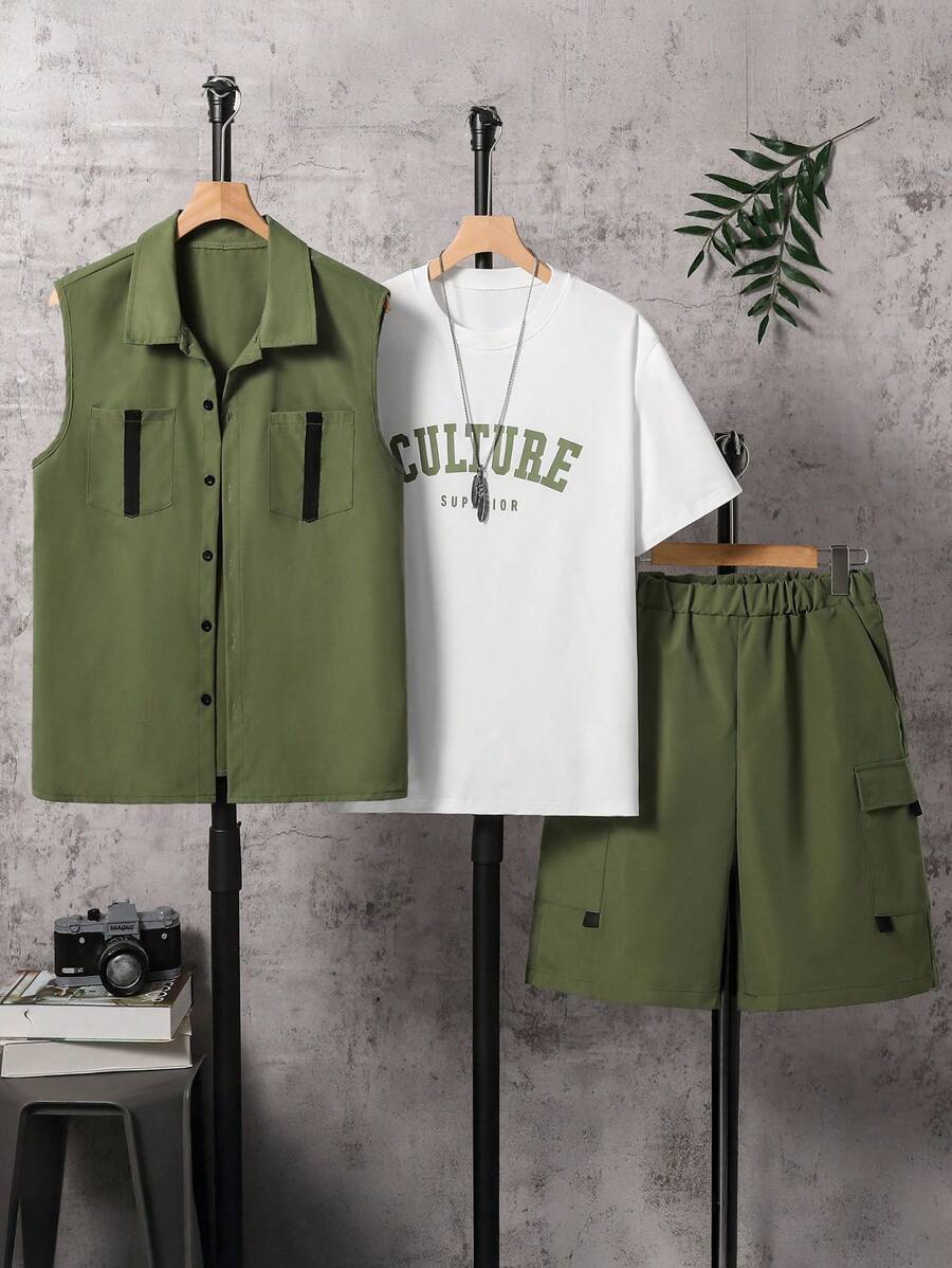 Conjunto de 3 piezas de ropa informal para adolescentes varones, incluye chaleco verde oliva, camiseta con estampado de letras y shorts utilitarios, adecuado para uso diario en verano