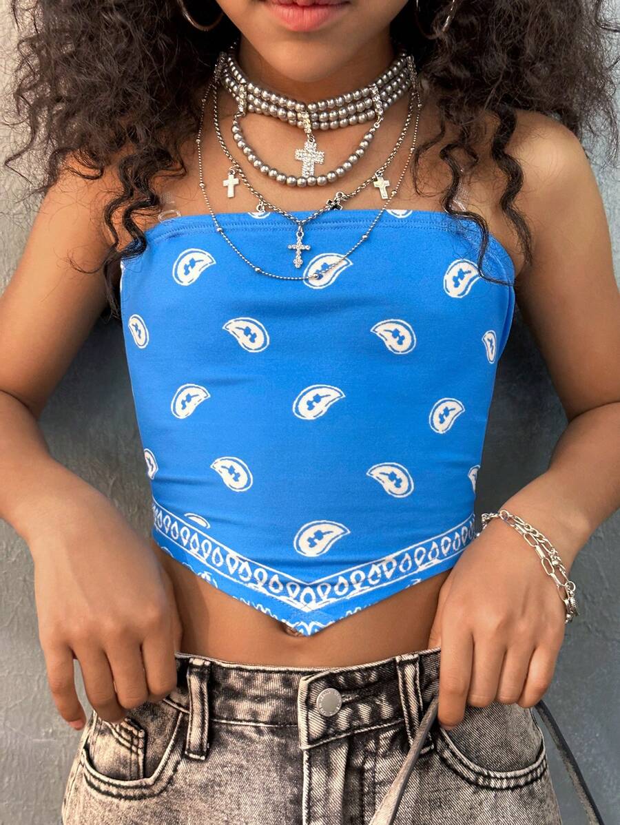 Coolane Kids Tween Girls Summer Streetwear Y2K Essentials Cashew Flower Pattern Bodysuit Bandeau Off The Shoulder Tops,Back To School,Cute,Back To School